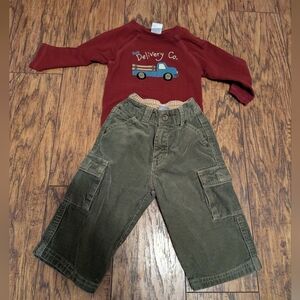 💥3/$24 Gymboree Maroon Delivery Onesie With Matching Olive Corduroy‎ Pants